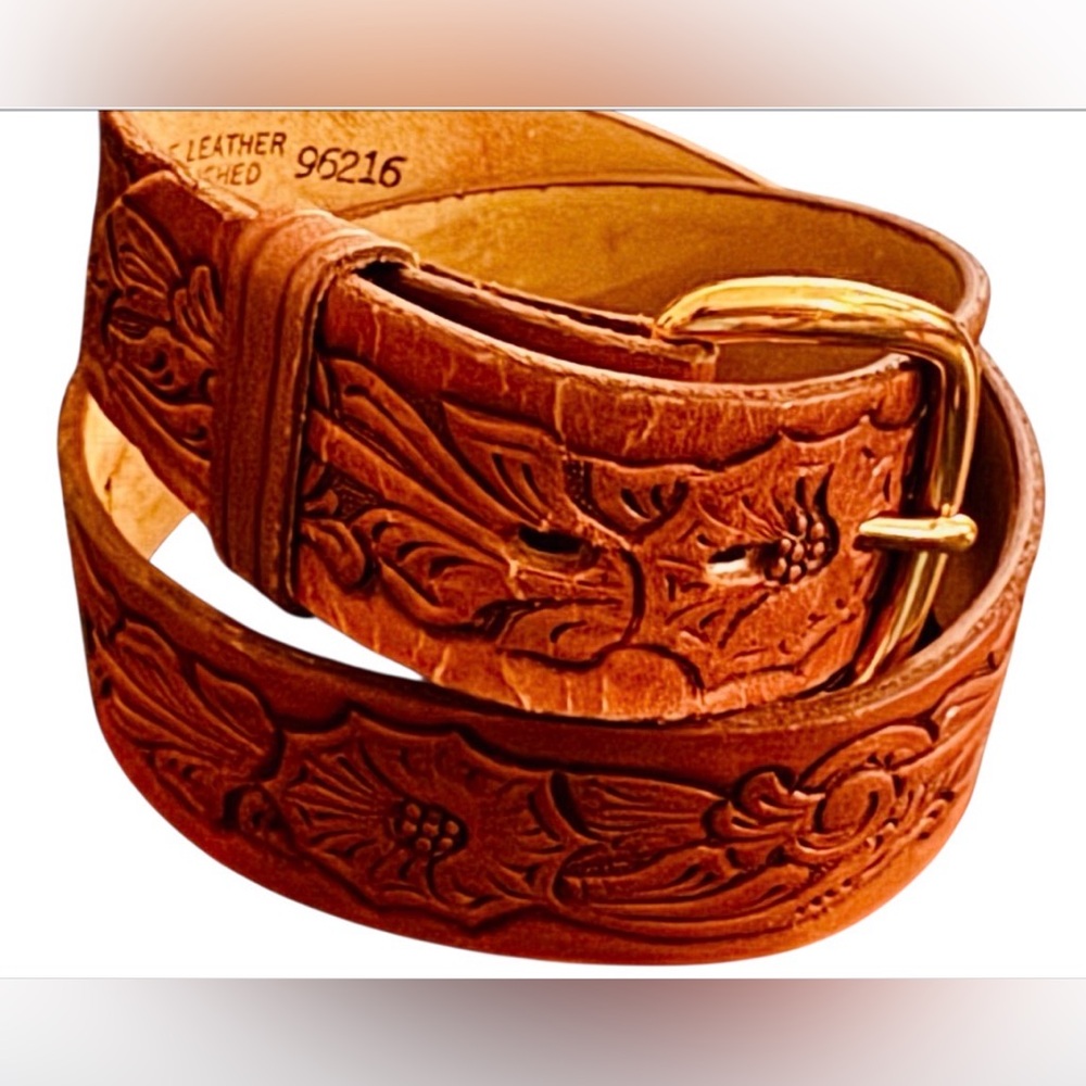 Vintage tooled leather belt size 30 hand finished cognac brass Western Cowgirl